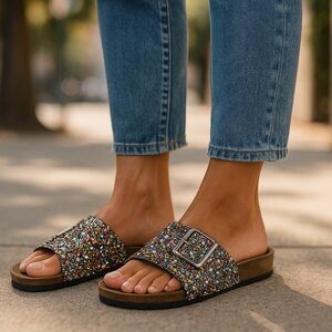 Women’s Rhinestone Glitter Sandals – Size 8 – Silver Buckles, Sparkly Summer Sho